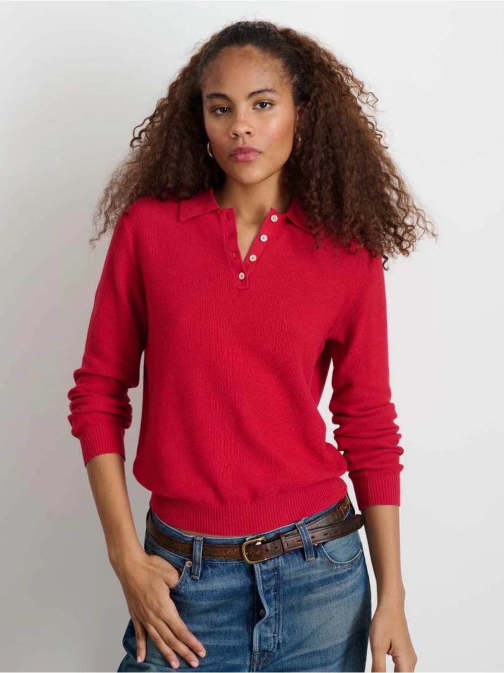 Alex Mill Cherry Red V-Neck Polo Jac Cotton Sweater Size Large